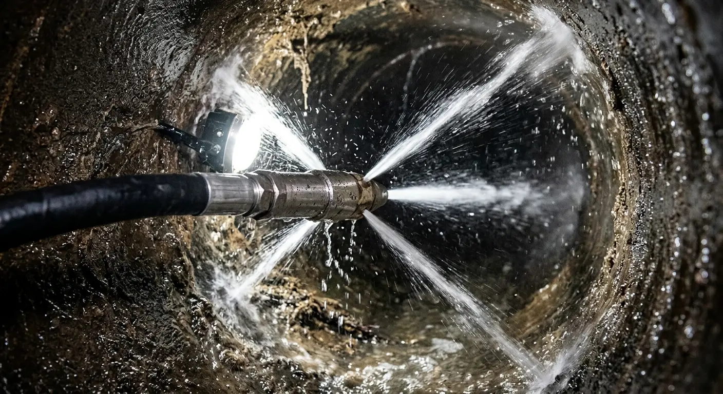 High-pressure hydro jetting nozzle cleaning sewer pipe for Sewer Cleanout in Colusa
