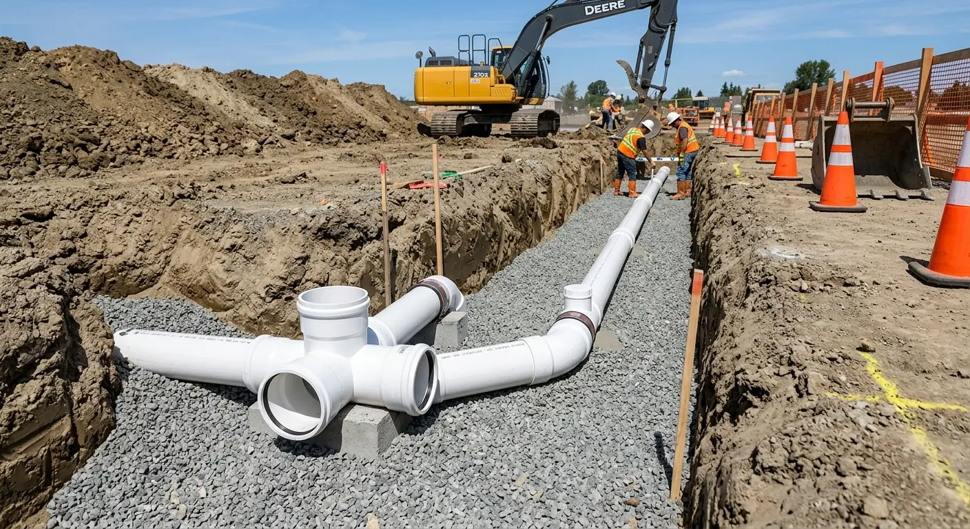 New PVC sewer pipe installation in open trench for Sewer Backup in Colusa