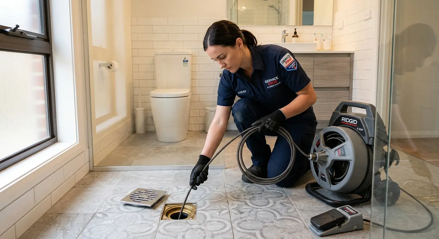 Technician clearing a bathroom floor drain for Drain Cleaning in Colusa